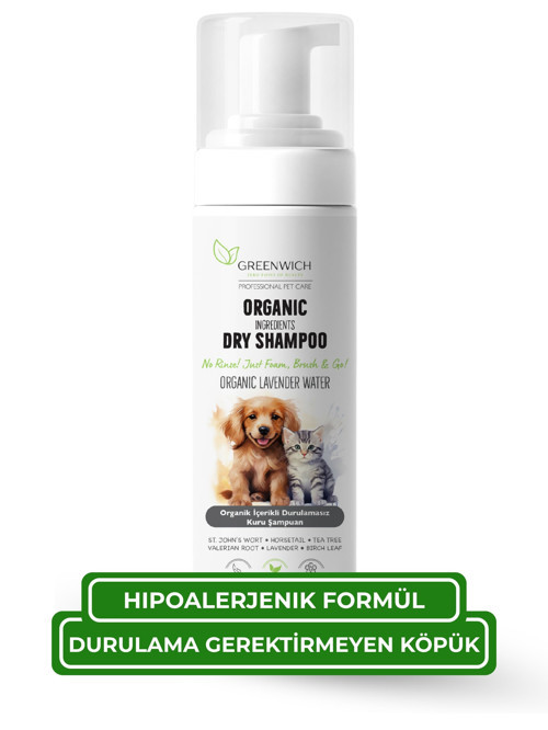 Kedi ve Köpek Kuru Şampuanı 150 ml, Durulama Gerektirmeyen Vegan Temizleme Köpüğü, Banyo Aralarında Pratik Tüy Bakımı ve Ferah Görünüm Desteği
