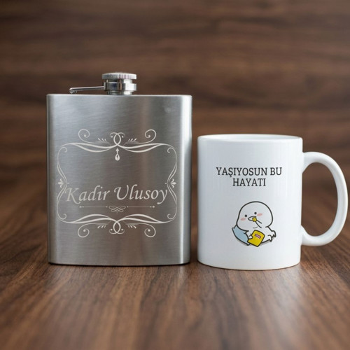 Kişiye Özel İsim Yazılı Çelik Matara ve Yaşıyosun Bu Hayatı Kupa Seti