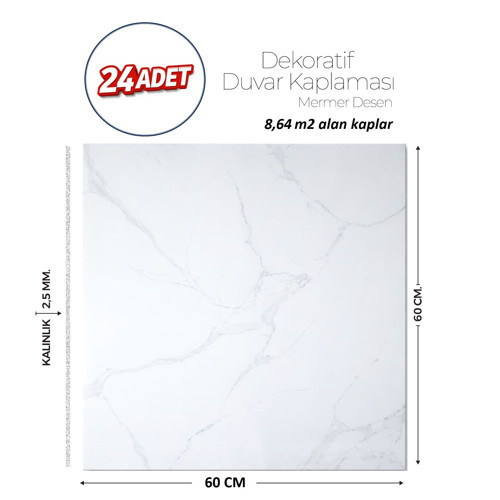 60X60 cm Kendinden Yapışkanlı Duvar,banyo,tezgah Arası BeyazMermer-24 Adet