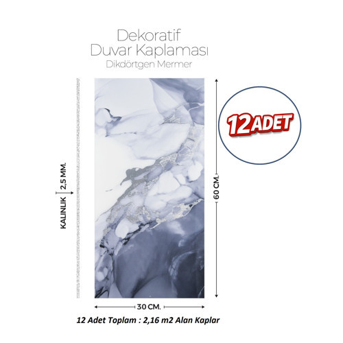 30X60 cm Kendinden Yapışkanlı Duvar,banyo,tezgah Arası Kaplama Gri-Mavi Mermer 12 Adet