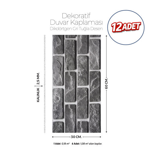 30X60 cm Kendinden Yapışkanlı Duvar,banyo,tezgah Arası Kaplama Gri TuğlaDesen 12 Adet