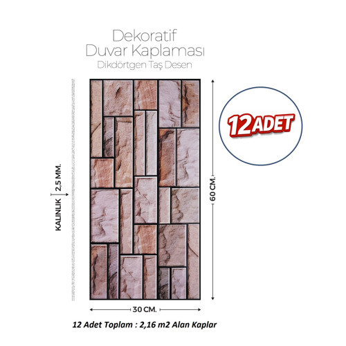 30X60 cm Kendinden Yapışkanlı Duvar,banyo,tezgah Arası Kaplama Kahverengi Tuğla Desen 12 Adet