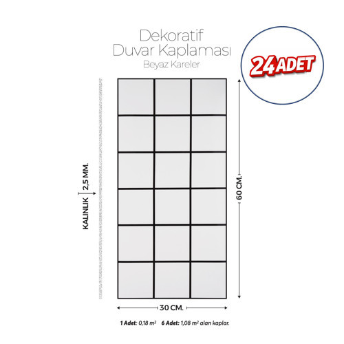 30X60 cm Kendinden Yapışkanlı Duvar,banyo,tezgah Arası Beyaz Kareli Desen -24 Adet