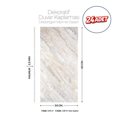 30X60 cm Kendinden Yapışkanlı Duvar,banyo,tezgah Arası Bej Mermer Desen -24 Adet