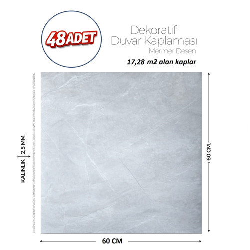 60X60 cm Kendinden Yapışkanlı Duvar,banyo,tezgah Arası Açık Gri Mermer-48 Adet