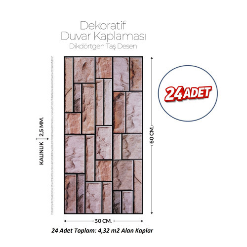 30X60 cm Kendinden Yapışkanlı Duvar,banyo,tezgah Arası Kahverengi Tuğla Desen-24 Adet