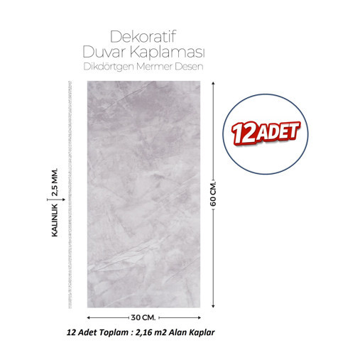 30X60 cm Kendinden Yapışkanlı Duvar,banyo,tezgah Arası Kaplama Açık Gri 12 Adet