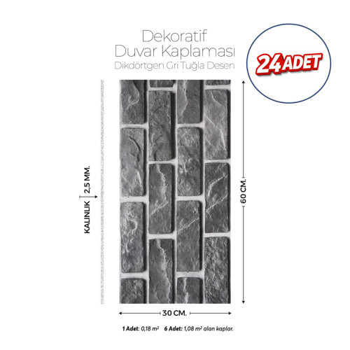 30X60 cm Kendinden Yapışkanlı Duvar,banyo,tezgah Arası Gri Tuğla Desen -24 Adet