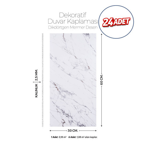 30X60 cm Kendinden Yapışkanlı Duvar,banyo,tezgah Arası Mermer Desen -24 Adet