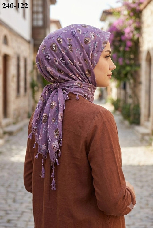 Cotton Desenli Sökme Boncuklu Eşarp 240-122