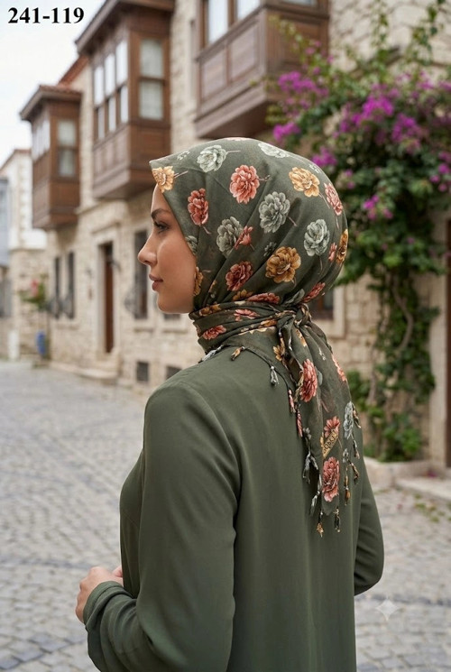Cotton Desenli Sökme Boncuklu Eşarp 241-119