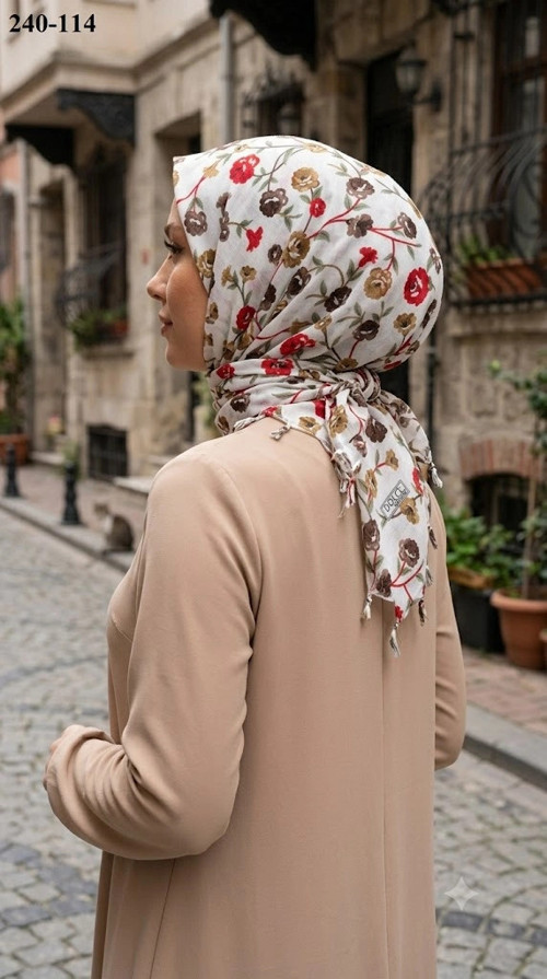 Cotton Desenli Sökme Boncuklu Eşarp 240-114