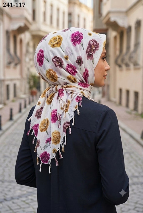 Cotton Desenli Sökme Boncuklu Eşarp 241-117