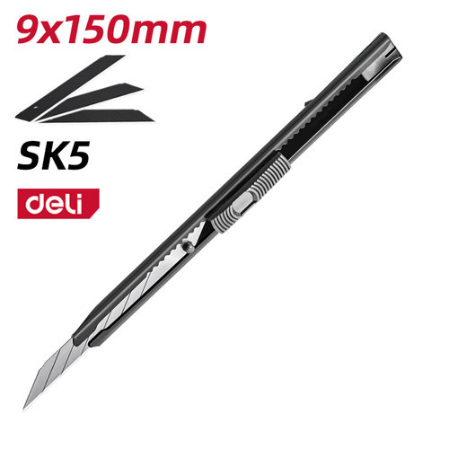 DELI Profesyonel Metal Gövdeli Kırılabilir Maket Bıçağı 9mm SK5 Sarı – Kendinden Kilitli