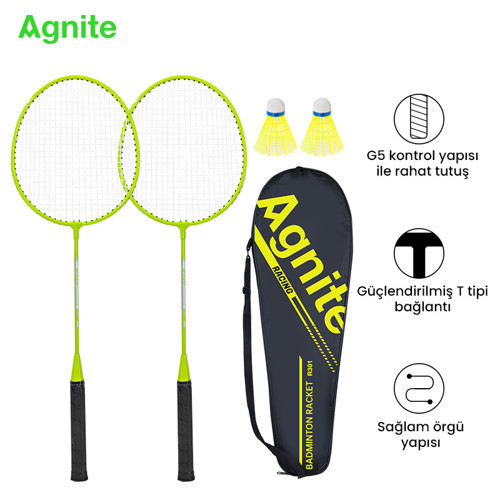 AGNITE Demir Bölünmüş Badminton Raketi 2’li Set 2 Top Dahil Dayanıklı Çelik Gövde Yeşil