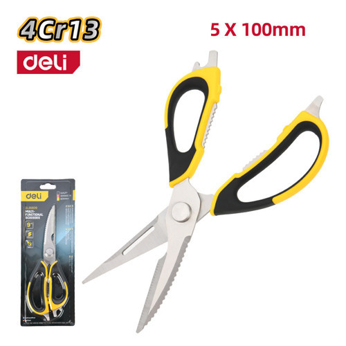 DELI Profesyonel Çok Fonksiyonlu Mutfak Makası 5x100mm Sarı / Gümüş Paslanmaz Çelik