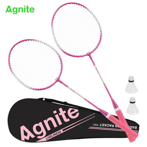 AGNITE Demir Alaşımlı Badminton Raketi 2 Top Dahil Dayanıklı Hafif Gövde Pembe