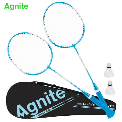 AGNITE Demir Alaşımlı Badminton Raketi 2 Top Dahil Dayanıklı Hafif Gövde Mavi