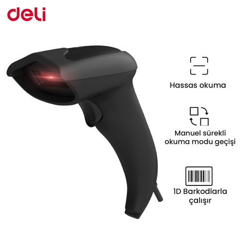 DELI Barkod Okuyucu 1D Lazer Kablolu El Tipi Siyah Barcode Scanner