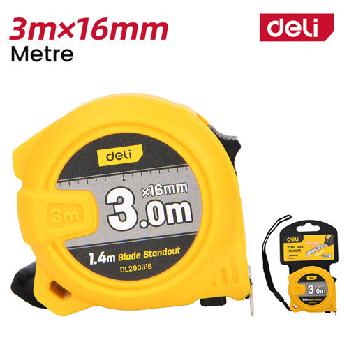 DELI Profesyonel Şerit 3 Metre 16mm ABS Gövde- Çift Düğmeli Tek Elle Kullanım