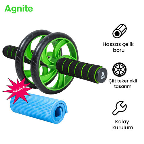 AGNITE Çift Tekerlekli Karın Egzersiz Tekerleği Diz Pedli Fitness Yeşil