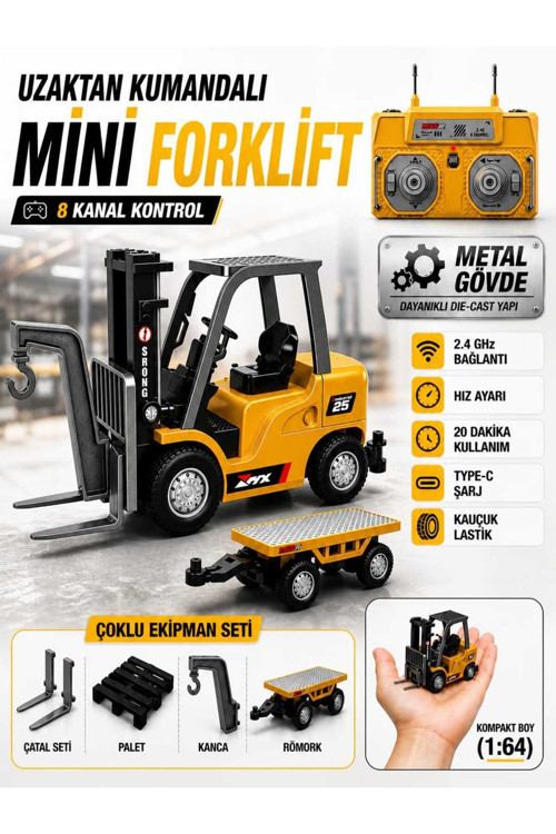 Uzaktan Kumandalı Şarjlı Mini Forklift 1:64 Die-Cast Metal - Römorklu Çatallı Kancalı Tam Set 11 cm