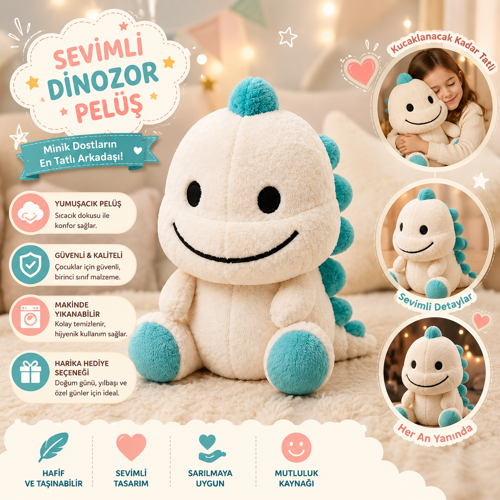 🦕 Sevimli Dinozor Peluş Oyuncak – Beyaz & Turkuaz