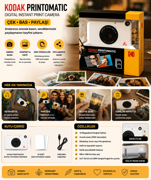 📸 Kodak Printomatic Dijital Anında Baskı Fotoğraf Makinesi – Beyaz