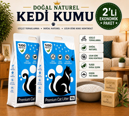 10LTX 2 adet Natürel % 100 Doğal Bentonit Kedi Kumu Tozdan Arındırılmış Topaklanan Koku Hapseden Ked