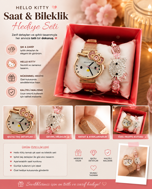 🎀 Hello Kitty Temalı Saat & Bileklik Hediye Seti