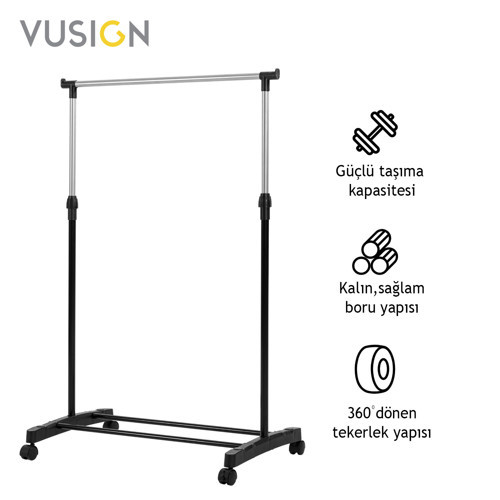 VUSIGN Tek Çubuklu Elbise Askısı Tekerlekli Metal Askılık 140x38x70 cm Gümüş