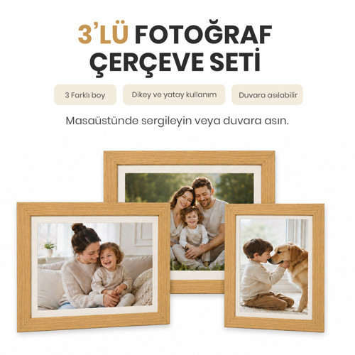 VUSIGN VS65 MDF Ahşap Rengi Masaüstü ve Duvar Askılı Çerçeve Fotoğraf Çerçevesi 3'lü Set