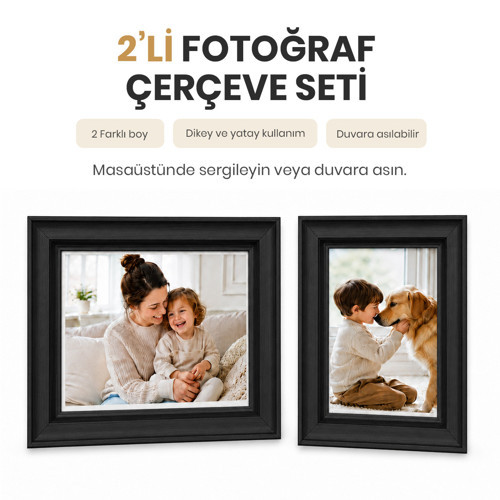 VUSIGN MDF Fotoğraf Çerçevesi Siyah Kabartmalı Çerçeve Masaüstü ve Duvar Askılı 2'li Set