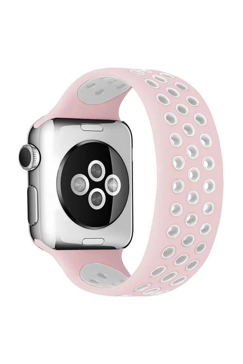 Apple Watch 38mm Ayarlı Delikli Silikon Kordon - Pembe-Beyaz
