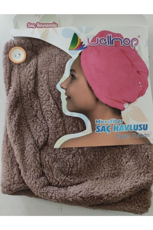 Mikrofiber Düğmeli Saç Havlusu Kahverengi