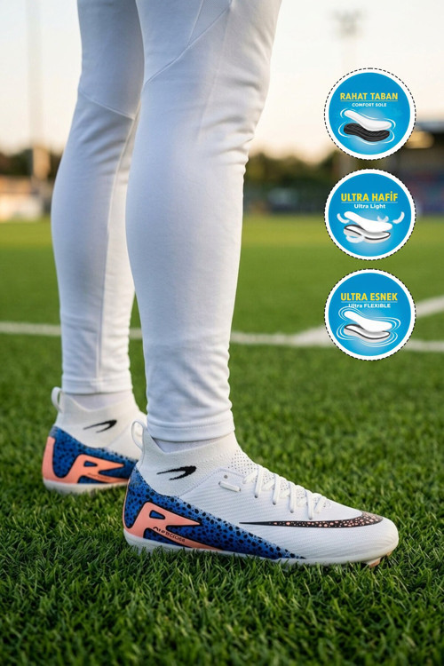 Beyaz-Siyah Çoraplı Bağcıklı Erkek Futbol Ayakkabısı Krampon 610