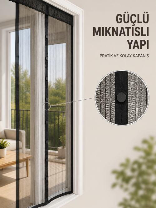 zeyta12 Otomatik Kapanan Mıknatıslı Sineklik Kapı Filesi Pratik Geçişli Siyah Model zeytan45