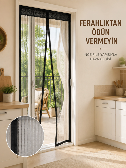 zeyta12 Siyah Mıknatıslı Kapı Sinekliği Sinek Ve Böceklere Karşı Koruyucu File zeytan45