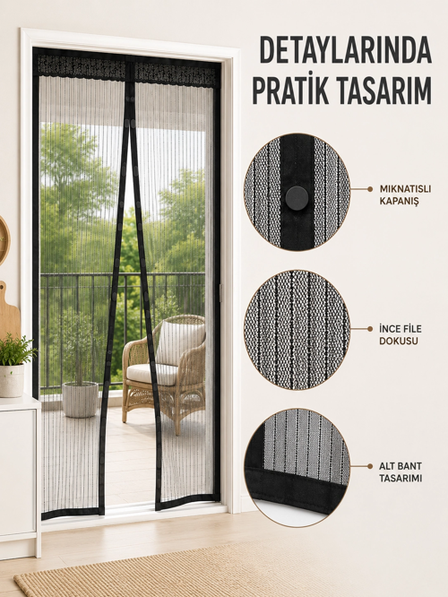 zeyta12 Mıknatıslı Kapı Sinekliği Otomatik Kapanan Siyah File Balkon Ve Teras Sinekliği zeytan