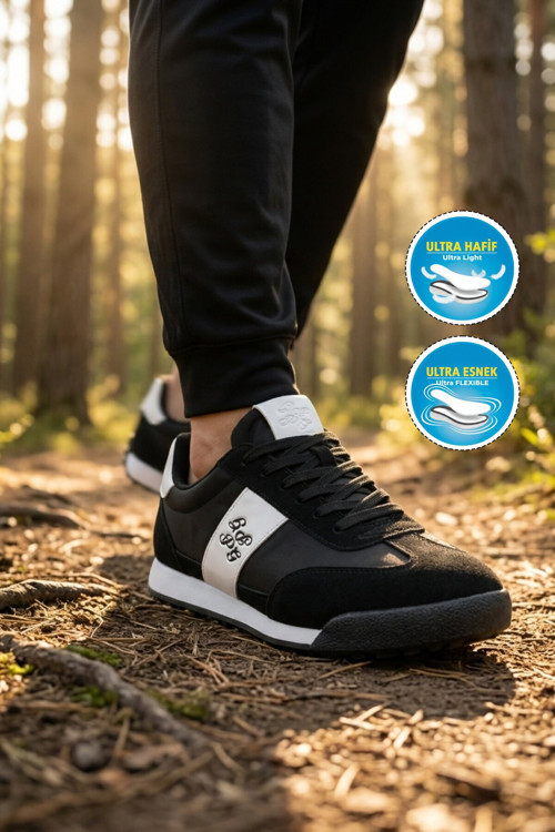 Siyah-Beyaz Hafif Rahat Tabanlı Bağcıklı Erkek Casual Sneaker Ayakkabı 26136
