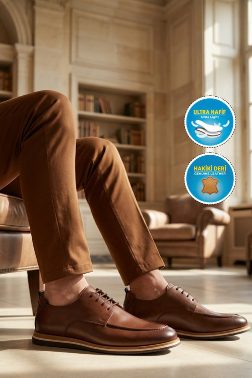 Taba Hakiki Deri Büyük Numara Bağcıklı Erkek Casual Ayakkabı 2555