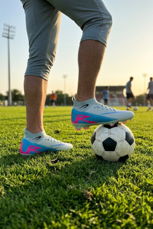 Su Yeşili-Mavi Çoraplı Bağcıklı Erkek Futbol Ayakkabısı Krampon 610