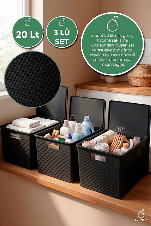 3lü Kapaklı Saklama Kutusu 20 Lt Çok Amaçlı Organizer Banyo Mutfak Dolap Düzenleyici