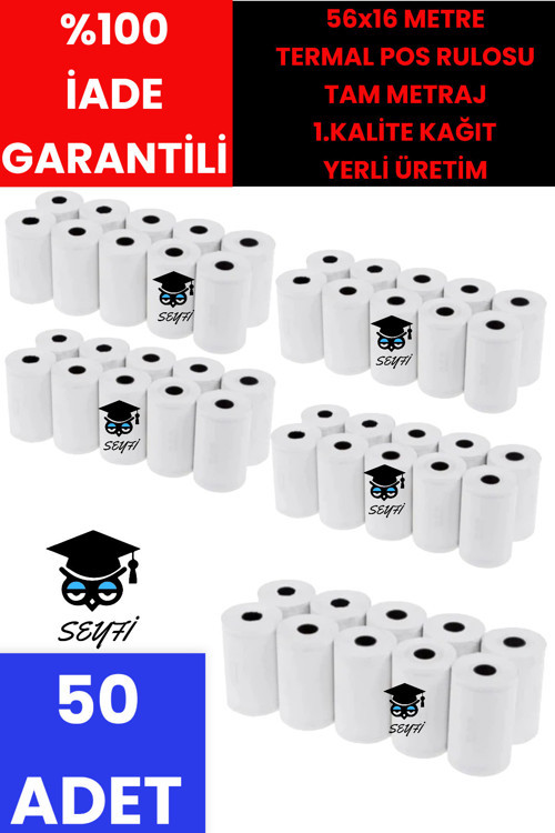 50 ADET 56x16 METRE TERMAL POS RULOSU TAM METRAJ 1.KALİTE KAĞIT YERLİ ÜRETİM