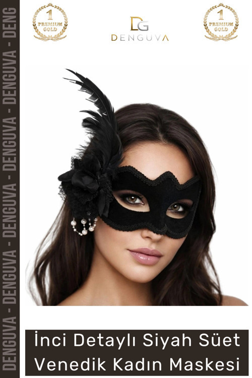 #Maske İnci Detaylı Siyah Süet Venedik Maskesi Tüy Süslemeli Şık Lüks Parti Balo Maskesi