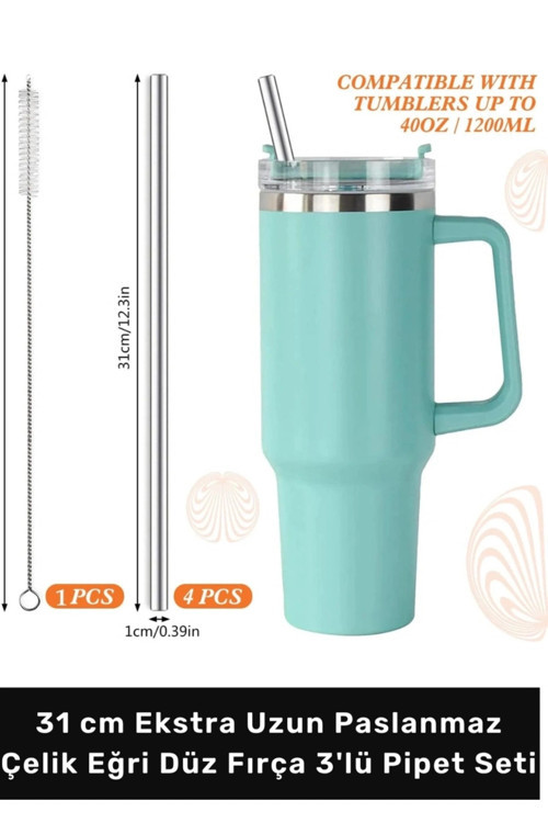 #Pipet Termos Bardak Ekolojik Paslanmaz Çelik Eğri Düz Fırça 3'lü Pipet Seti