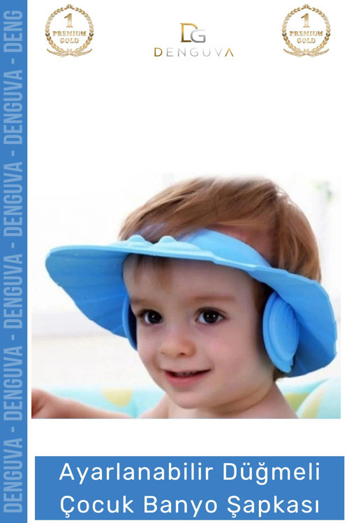 #BanyoŞapkası Fantazer Ayarlanabilir Düğmeli BPA İçermeyen Esnek Bebek Banyo Su Kaçırmayan Mavi Şapk