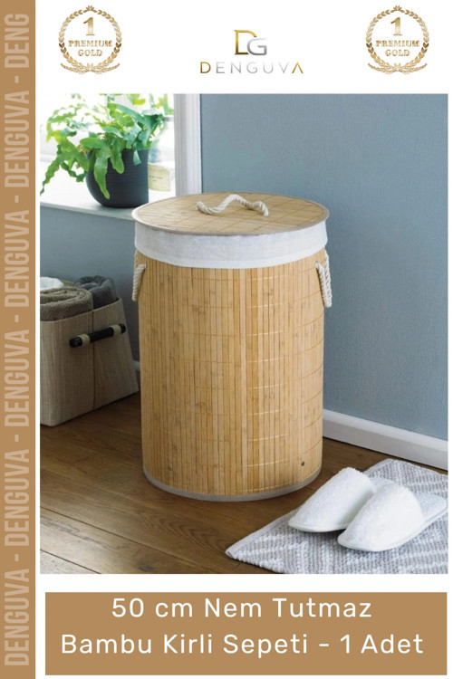 #KirliSepeti DecoHandy Yuvarlak Doğal Hijyenik Çamaşır Kutusu Banyo Şık Tasarım Bambu Kirli Sepeti -