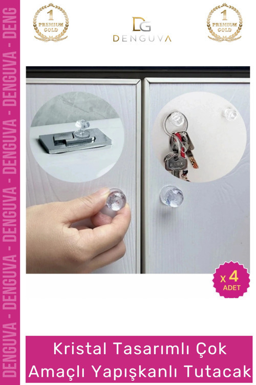 #Kulp Kristal Elmas Kesim Vidasız Montaj Dekoratif Çok Amaçlı Yapışkanlı Tutacak Buton - 4 Adet