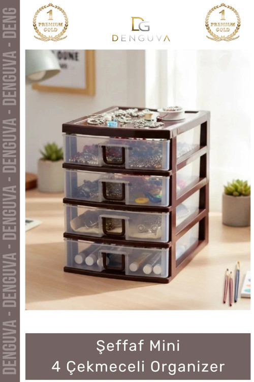 #Çekmece Masaüstü Ofis Ev Tipi Takı Makyaj Kırtasiye Hobi Şeffaf Plastik Mini 4 Çekmeceli Organizer